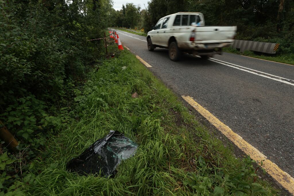 A broken car windscreen close to the scene on the N54 road at Legnakelly, Co Monaghan, after two teenage pupils from Largy College in Clones, were killed in an accident in late July. Photograph: Liam McBurney/PA Wire