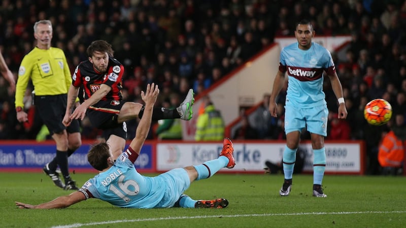 Bournemouth midfielder Harry Arter scores the opening goal in the Premier League game against West Ham at Vitality Stadium. Photograph: Ian Walton/Getty Images
