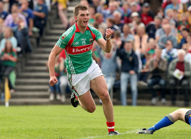 A young Aidan O'Shea celebrates scoring a goal in the Connacht SFC semi-final in 2009. Photograph: Cathal Noonan/Inpho