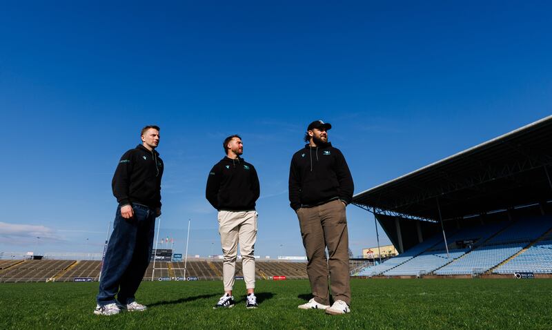 Connacht's Shayne Bolton, Jack Carty and Shamus Hurley-Langton visit MacHale Park ahead of Saturday's URC game against Munster. Photograph: James Crombie/Inpho