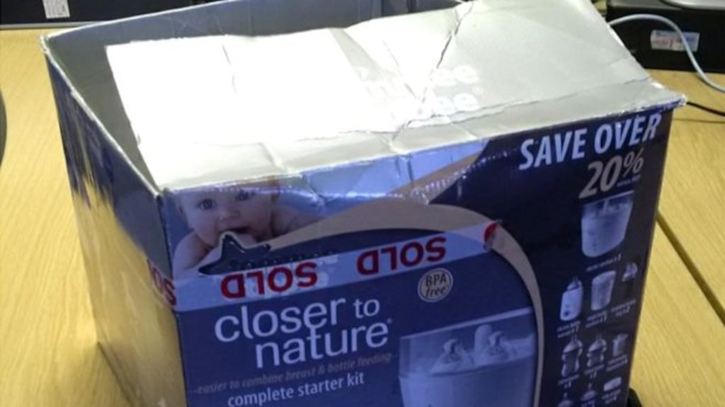 A baby was reportedly discovered in this box outside a house in Ibsen Walk, Corby, Northamptonshire, on September 28th, 2015. Photograph: Northamptonshire Police