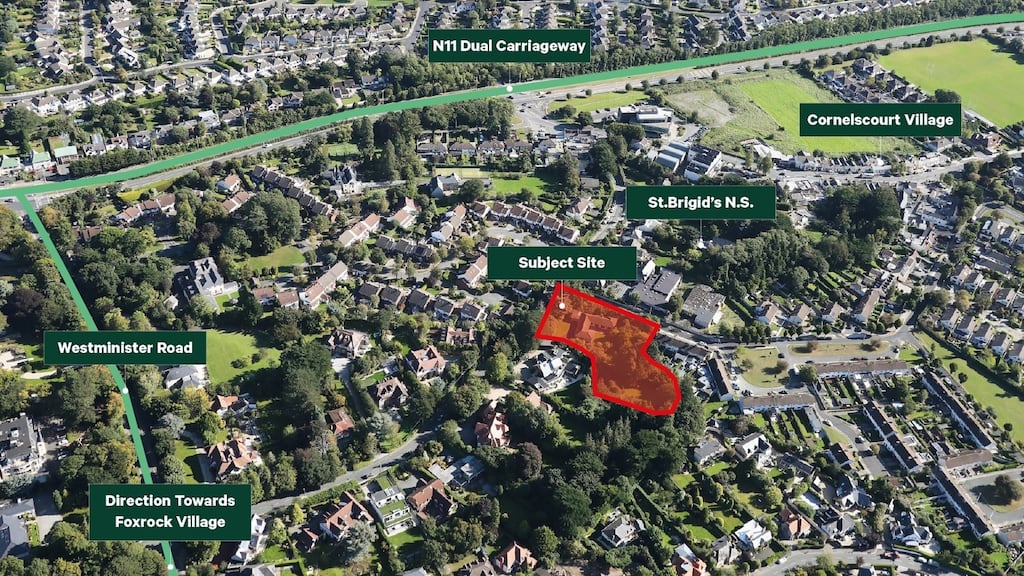 An aerial view of the Mart Lane site shows its location off Westminster Road and the N11 in Foxrock, Co Dublin
