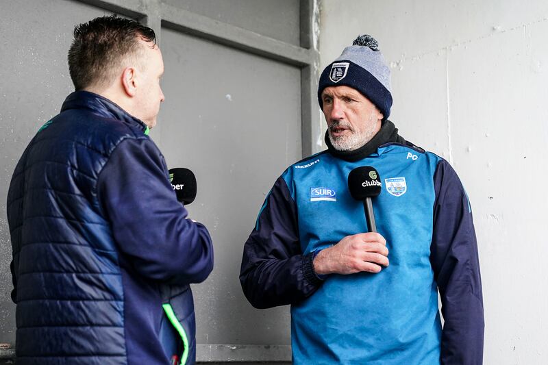 Waterford manager Peter Queally being interviewed by Clubber before a match against Cork. Photograph: James Lawlor/Inpho