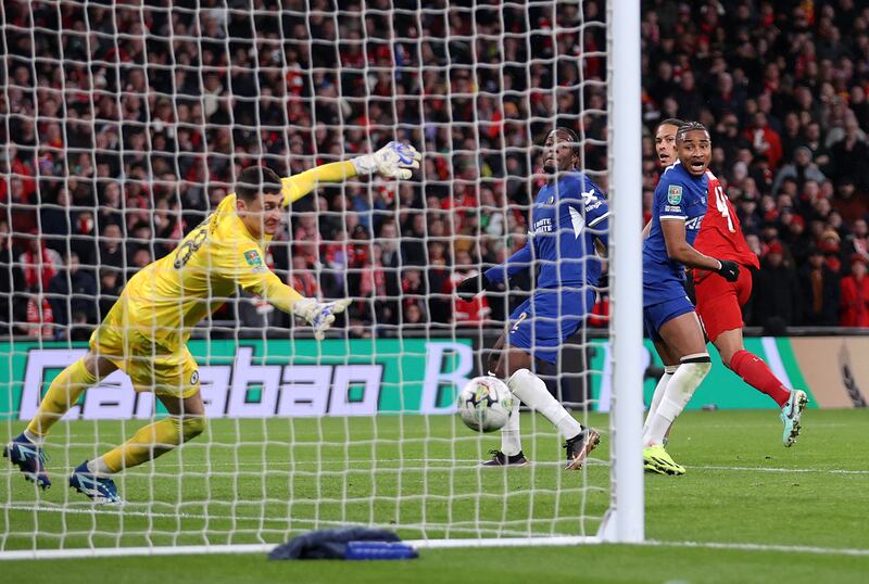 Virgil van Dijk heads home Liverpool's late winner past Chelsea goalkeeper Djordje Petrovic during the Carabao Cup final at Wembley Stadium. Photograph: Julian Finney/Getty Images