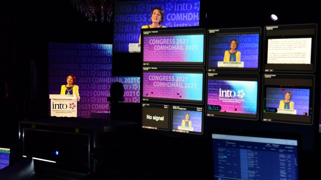 Mary Magner, president of the Irish National Teachers’ Organisation speaking to delegates at the union’s virtual congress 2021 which is taking place in a studio in Naas, Co Kildare. Photograph: Moya Nolan