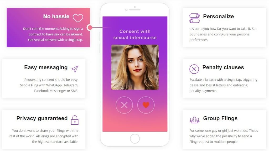 A screen grab from the website of consent app Legal Fling which proclaims to create a ‘live contract’ for sexual activity.