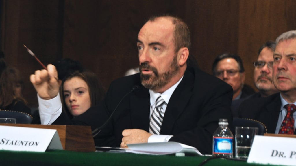 Ciaran Staunton speaking at a US Senate hearing on sepsis in 2013, following his son’s death from the infection in 2012. Photograph: rorystauntonfoundationforsepsis.org