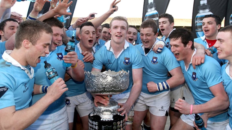 Dan Leavy in his schoolboy days as St Michael’s College captain is pictured with his Senior Cup-winning team in 2012. Photograph: James Crombie/Inpho