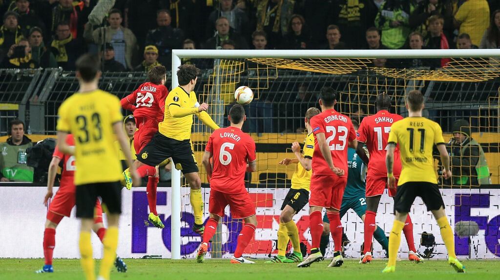 Borussia Dortmund’s Mats Hummels nets an equaliser during their Europa League clash with Liverpool. Photo: Adam Davey/Pa Wire
