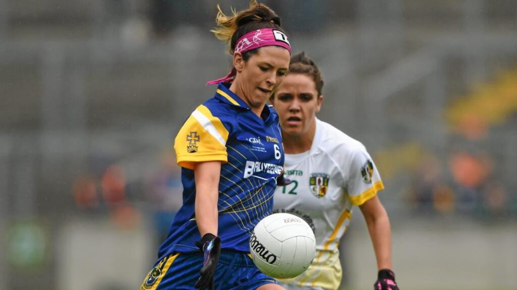 Roscommon’s Amanda McLoone in action against Antrim. She also operates a successful blog entitled ‘Clean and Lean Sporty Girl’ Photograph: Ray Mc Mmanus/Sportsfile