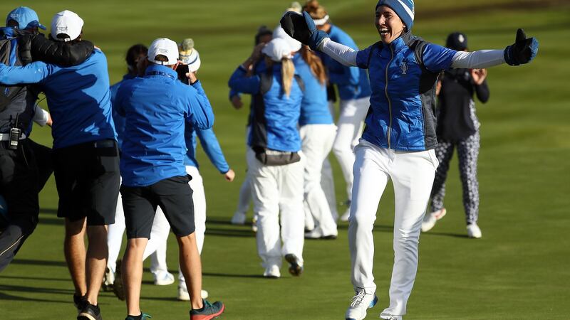 Carlota Ciganda celebrates on the 18th green at Gleneagles. Photograph: Jamie Squire/Getty Images