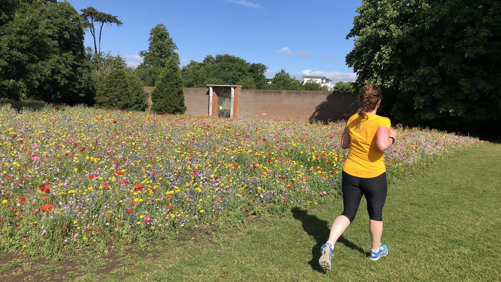 Alice Flaherty runs along the grass paths of Santry Park, Dublin.