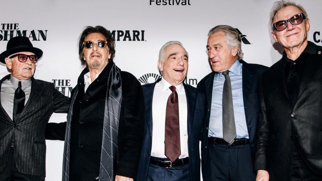 Old but good fellas: Martin Scorsese (76) with costars Joe Pesci (76), Al Pacino (79), Robert De Niro (76) and Harvey Keitel (80) at the premiere of The Irishman in New York on September 27th. Photograph: Nina Westervelt/The New York Times