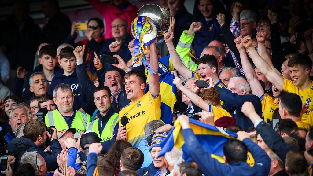 Roscommon’s Enda Smith lifts the Nester Cup. Photograph: Tommy Dickson/Inpho