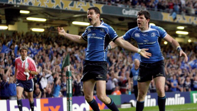 Johnny Sexton celebrates scoring a try for Leinster against Northampton in the 2011 Heineken Cup final. Photograph: Ryan Byrne/Inpho