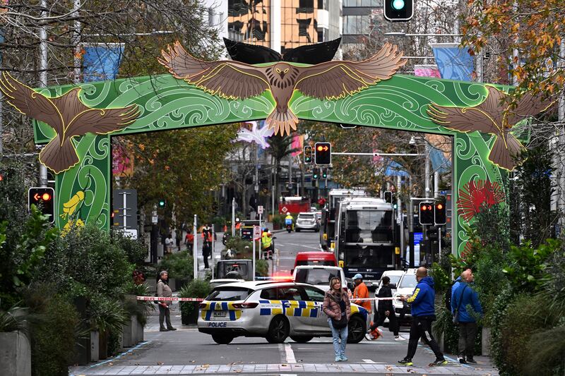 A police car blocks a road near the site of a shooting in central Auckland on July 20th, 2023. Photograph: SAEED KHAN/AFP via Getty Images