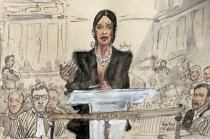A court sketch shows Kim Kardashian testifying before the Assize Court in Paris. Photograph: Benoit Peyrucq
/AFP via Getty Images