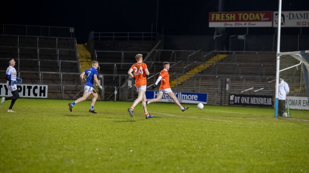 Armagh’s Niall Rowland seals the game with a late goal into an empty net during the Bank of Ireland Dr McKenna Cup game against Cavan at Kingspan Breffni Park. Photograph: Morgan Treacy/Inpho