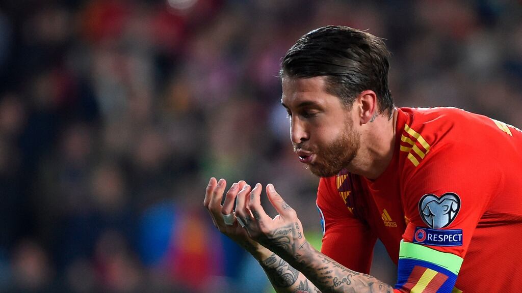Spain’s defender Sergio Ramos celebrates after scoring from the penalty spot in the Euro 2020 qualifier against Norway at the Mestalla stadium in Valencia. Photograph: Jose Jordan/AFP/Getty Images