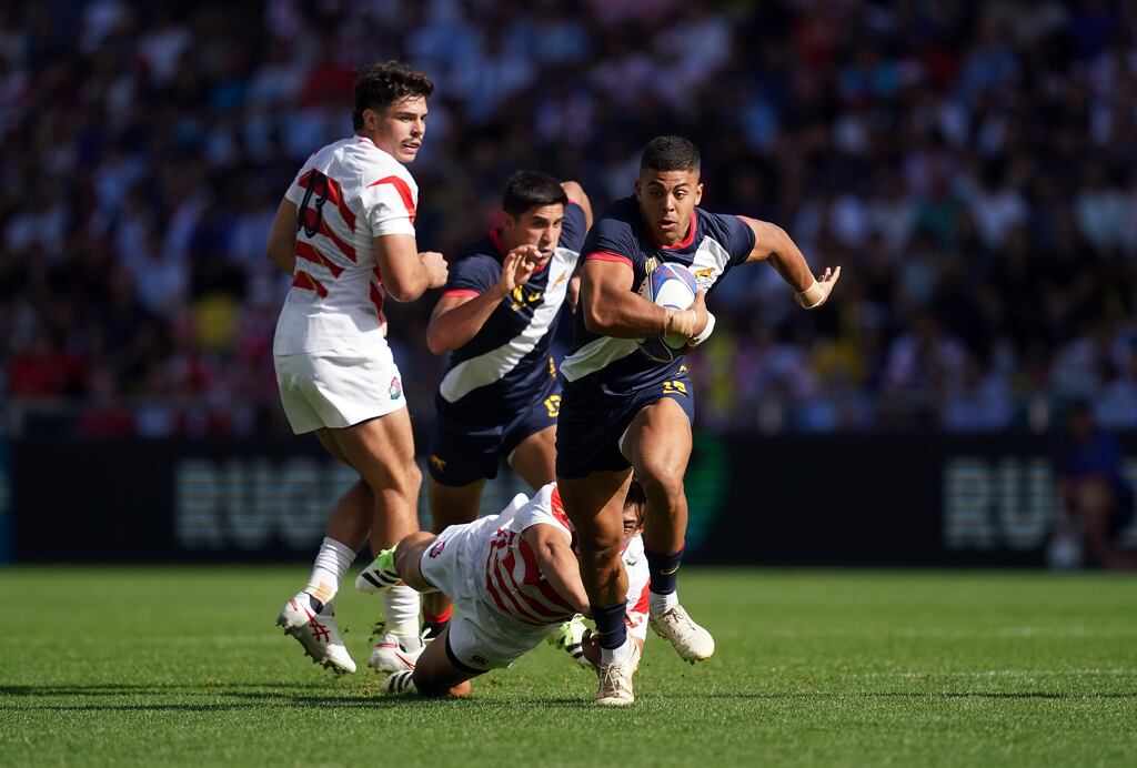Argentina's Santiago Chocobares breaks clear to score a try against Japan during their Rugby World Cup Pool D match in Nantes. Photograph: David Davies/PA