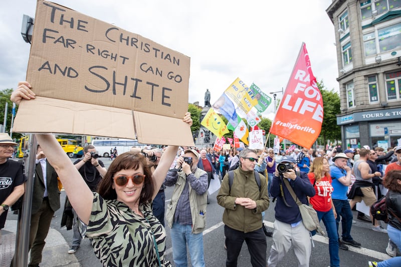 Kate Murphy from Dublin protests at the rally in Dublin. Photograph: Tom Honan