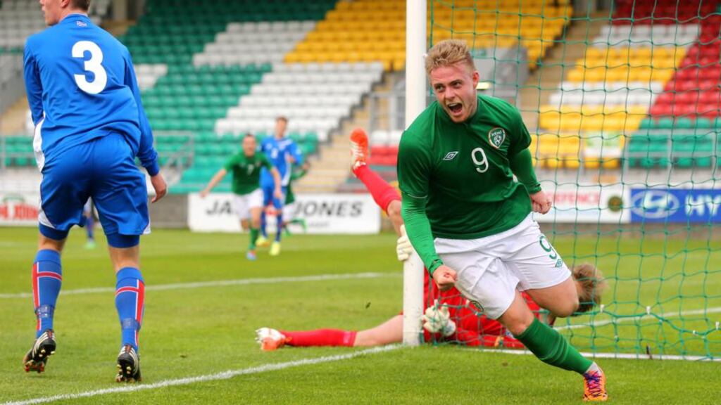 Sam Byrne scoring for the Under-19s against Iceland last May. The Everton striker will make his Under-21 debut against Norway. Photograph: Cathal Noonan/Inpho.