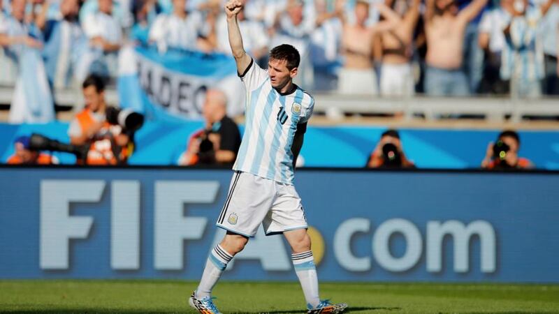 Argentina’s Lionel Messi celebrates after scoring the winner against Iran in Belo Horizonte. Photograph: Sergio Perez / Reuters
