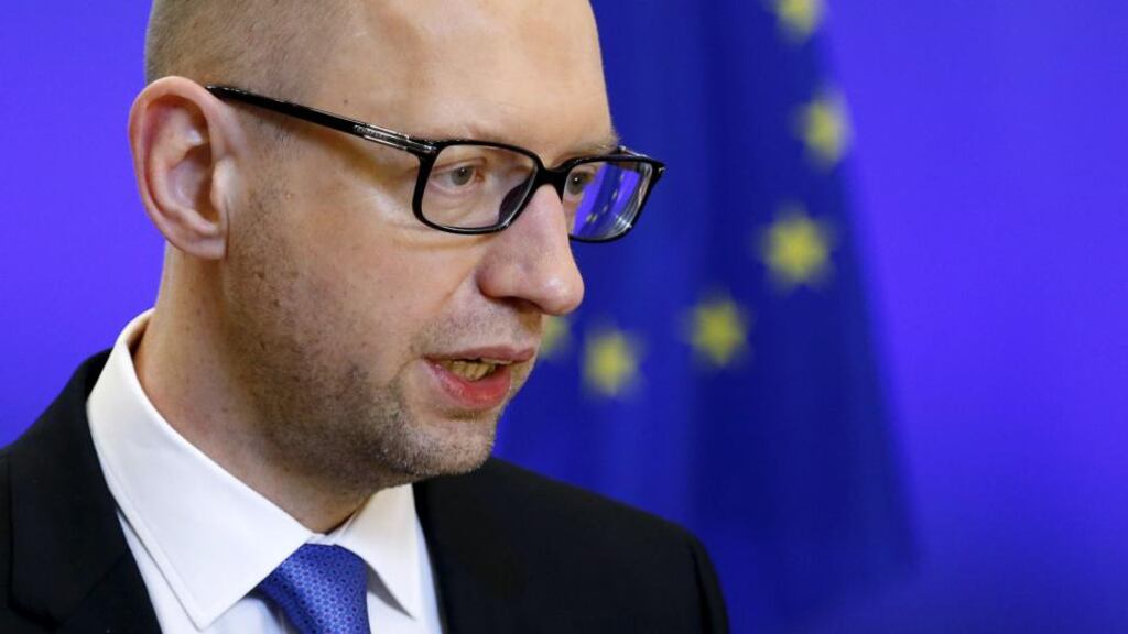 Ukraine’s prime minister, Arseny Yatsenyuk, in Brussels yesterday after meeting European Council president Donald Tusk, who led calls for EU member states to commit to extending sanctions against Russia. Photograph: Francois Lenoir/Reuters