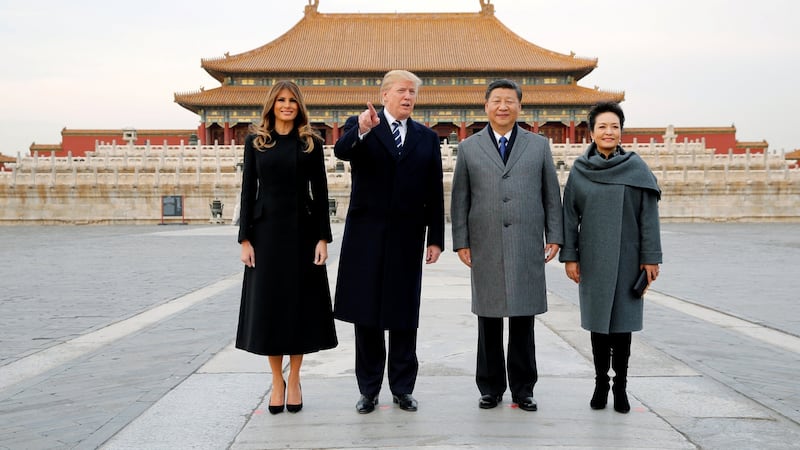 US president Donald Trump and first lady Melania visit the Forbidden City with China’s President Xi Jinping and first lady Peng Liyuan in Beijing. Photograph: Jonathan Ernst/Reuters