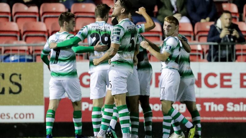 Shamrock Rovers celebrate Dan Carr’s late winner against St Pat’s. Photograph: Laszlo Geczo/Inpho