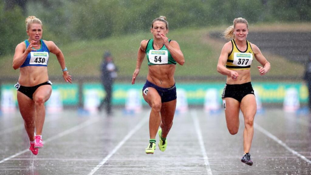 Kelly Proper comes home to win the women’s 100m at the AAI senior track and field championships at Morton Stadium, Santry, Co Dublin. Photograph: Ryan Byrne/Inpho