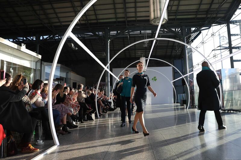 Aer Lingus cabin and ground crew pictured at the showcase of the new look Aer Lingus uniform, designed by Louise Kennedy, at CHQ building, Dublin. Photograph: Leon Farrell/Photocall Ireland