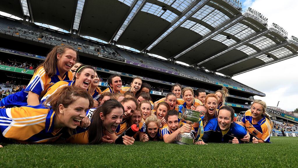 The Longford team celebrate after winning the TG4 Ladies Junior All-Ireland Championship Final at Croke Park. Photograph: Donall Farmer/Inpho