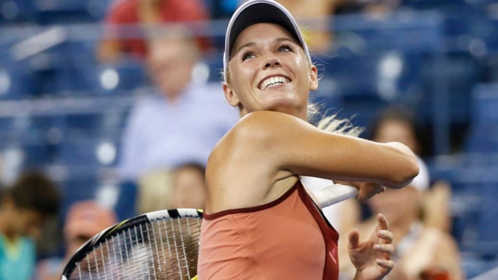 Caroline Wozniacki celebrates defeating Sara Errani in their women’s quarter-finals singles match at Flushing Meadow. Photograph: Shannon Stapleton/Reuters.