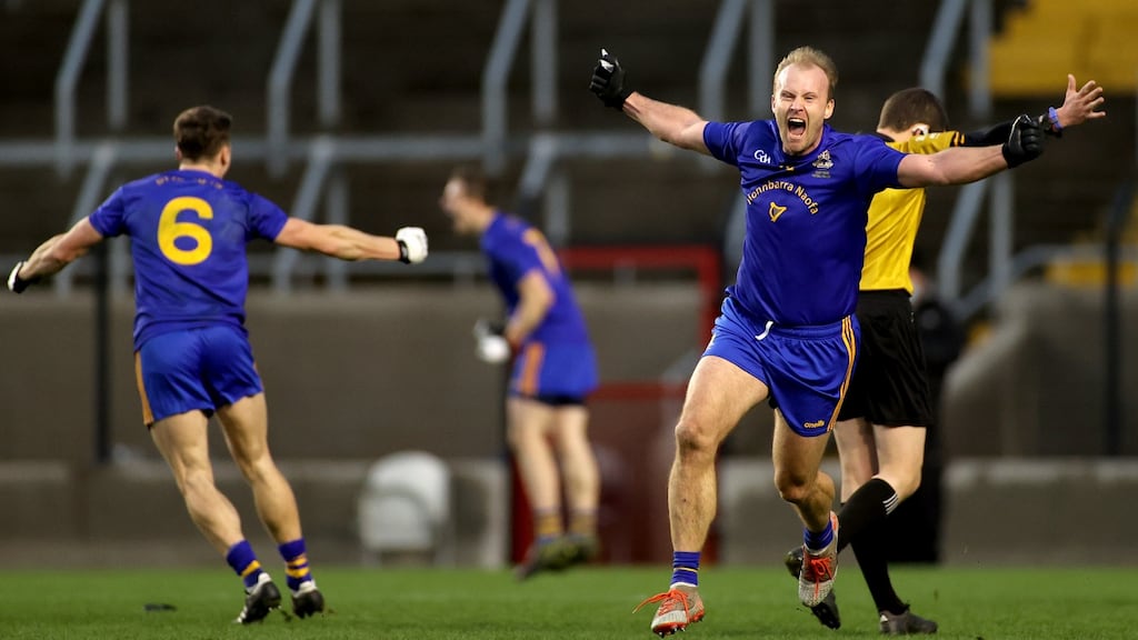 St Finbarrs’ Michael Shields celebrates at the final whistle. Photo: James Crombie/Inpho