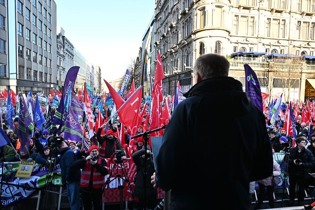 Thousands of public service workers taking part in a mass rally during their strike outside Belfast City Hall on Thursday. Photograph: Charles McQuillan/Getty Images