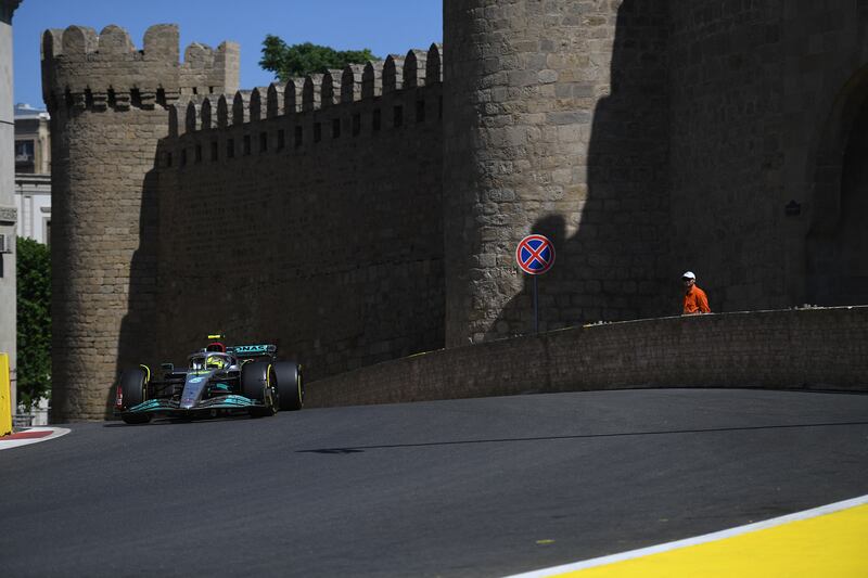 Mercedes driver Lewis Hamilton during the first practice session ahead of the Formula One Azerbaijan Grand Prix at the Baku City Circuit in Baku. Photograph: Natalia Kolesnikova/AFP/Getty Images