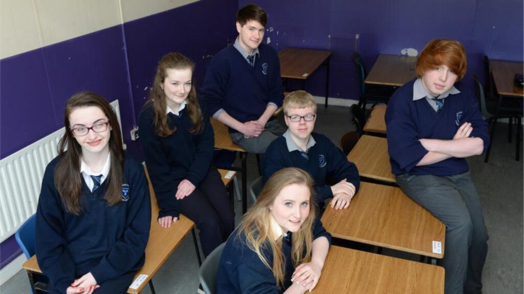 Leaving Certificate students at Dunshaughlin Community College in Co Meath – from left: Linda McCormack, Catherine Vance, Stuart Bridgett, Sarah Keane, Albert Wilkinson and Aaron Gilmartin. Photograph: Dara Mac Dónaill