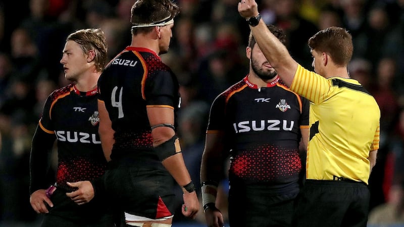 Referee Lloyd Linton shows Southern Kings Tertius Kruger a red card. Photograph: Bryan Keane/Inpho