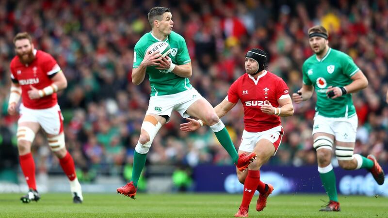 Johnny Sexton catches the ball during the Six Nations game against Wales. Photograph: Michael Steele/Getty Images