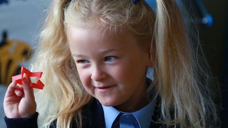 Lilly Fitzpatrick Gowland on her first day at school at   St Olaf’s NS, Balally Drive, Dundrum, Dublin 16.  Photograph: Nick Bradshaw