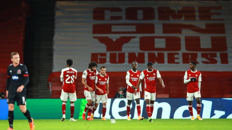 Nketiah celebrates scoring Arsenal’s first goal. PHoto: Tommy Dickson/Inpho