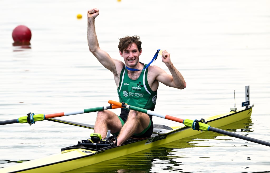 Ireland’s Paul O’Donovan celebrates after winning gold in the men's lightweight single sculls at the 2024 World Rowing Championships in Canada. Photograph: Maren Derlien/Inpho