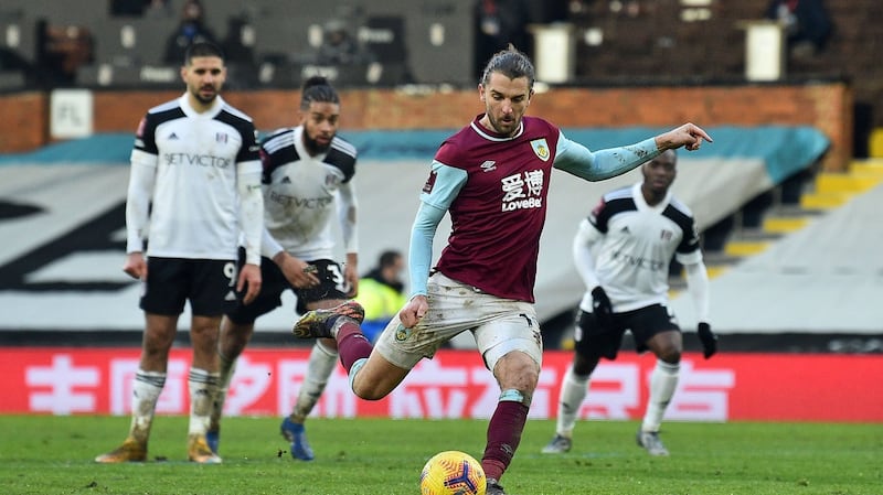 Jay Rodriguez scores Burnley’s second against Fulham from the spot. Photograph: Glyn Kirk/AFP/Getty
