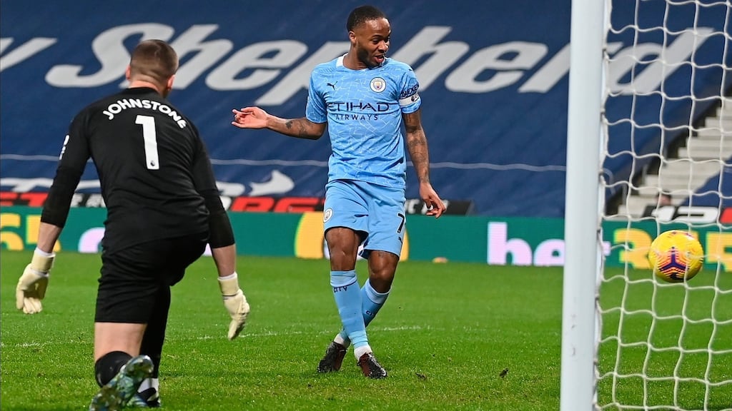 Raheem Sterling scores Manchester City’s fifth against West Brom. Photograph: Laurence Griffiths/EPA