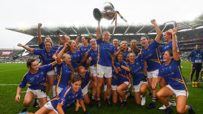 Tipperary players celebrate following the TG4 All-Ireland Ladies Football Intermediate Championship Final victory over Meath at Croke Park. Photograph: Stephen McCarthy/Sportsfile