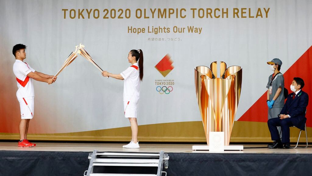 An ignition ceremony for the Tokyo Olympic at Heiwadai Athletic Stadium in Fukuoka, on Tuesday. Photograph: Kyodo News/AP