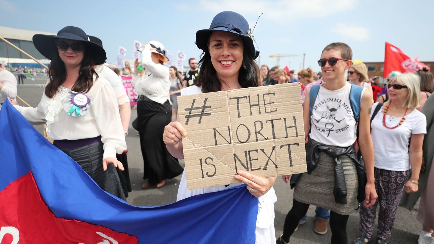 Members of the Together for Yes Campaign call for abortion reform in Northern Ireland at the Processions march in Belfast. Photograph: Niall Carson/PA