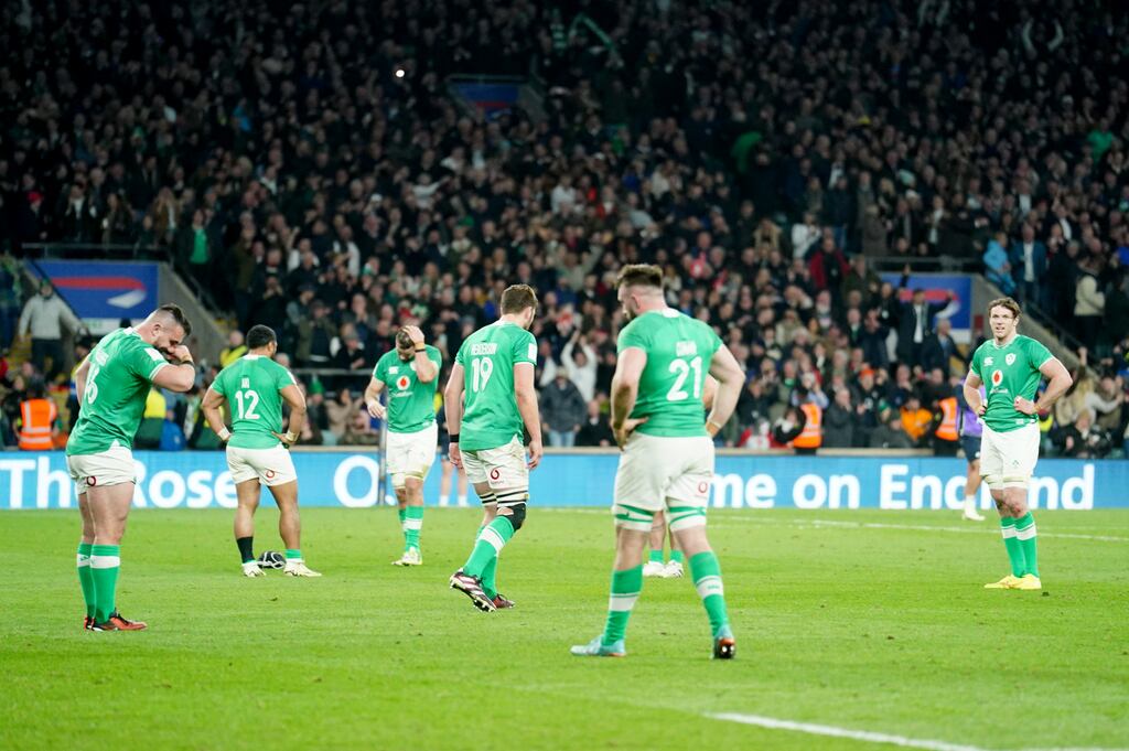 Ireland's players react to defeat to England in the Six Nations. Photograph: David Davies/PA Wire