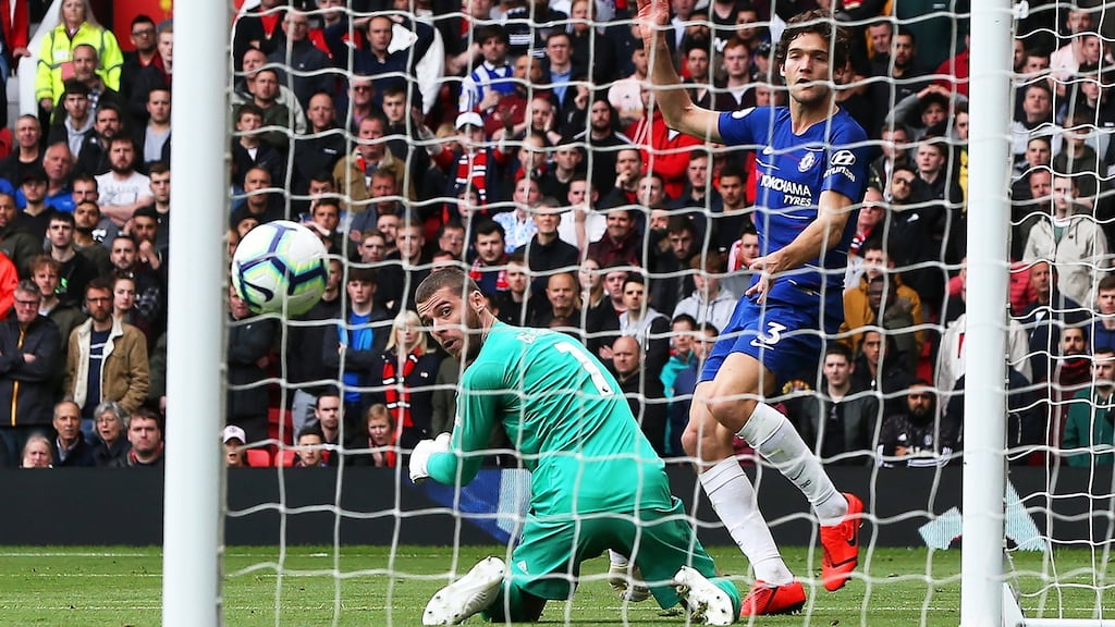 Marcos Alonso equalises for Chelsea at Old Trafford. Photograph: Nigel Roddis/Getty